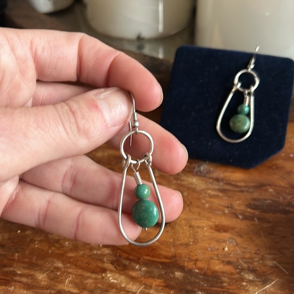 Turquoise and silver sterling dangly artisan earrings - Picture 3 of 5